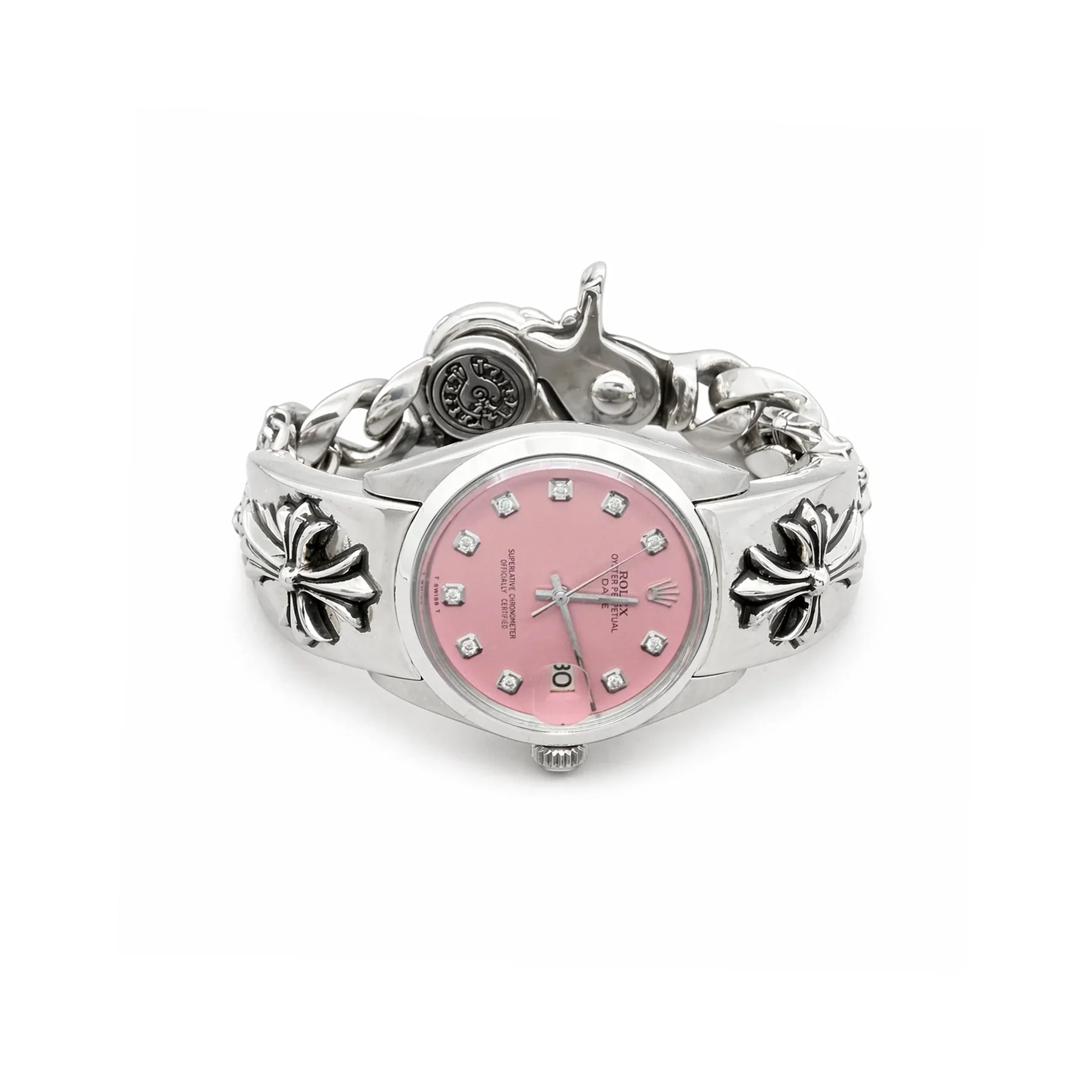 chrome-hearts-rolex-pink-dial-cross-lobster-clasp-watch-strap-2 Ali Diamond.webp