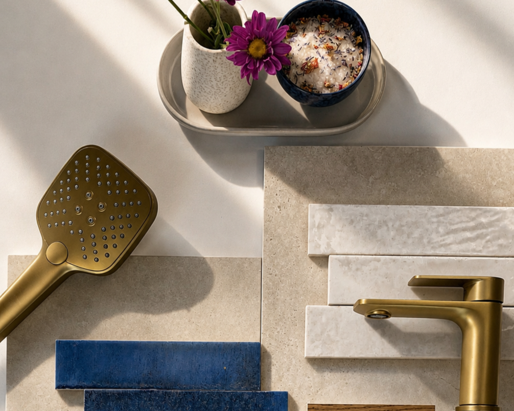 A flat lay of bathroom materials and styling colours, including a gold shower head, a gold tap, wall and floor tile samples, a bowl of bath salts with flower petals, and a small vase with purple flowers, all on a white surface with shadows.
