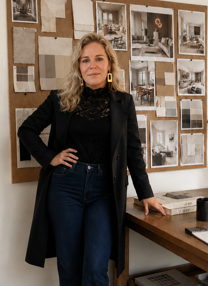 Woman with blonde curly hair wearing a black blazer and lace top, standing in front of a corkboard with interior design photos and fabric swatches.