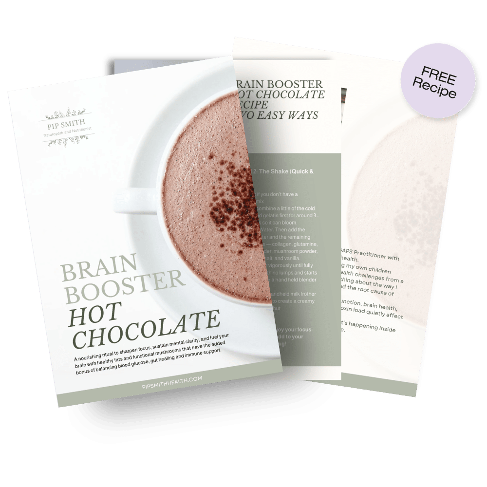 Three overlapping informational pages about a recipe for hot chocolate, with a cup of hot chocolate on the cover and a purple circle indicating a free recipe.