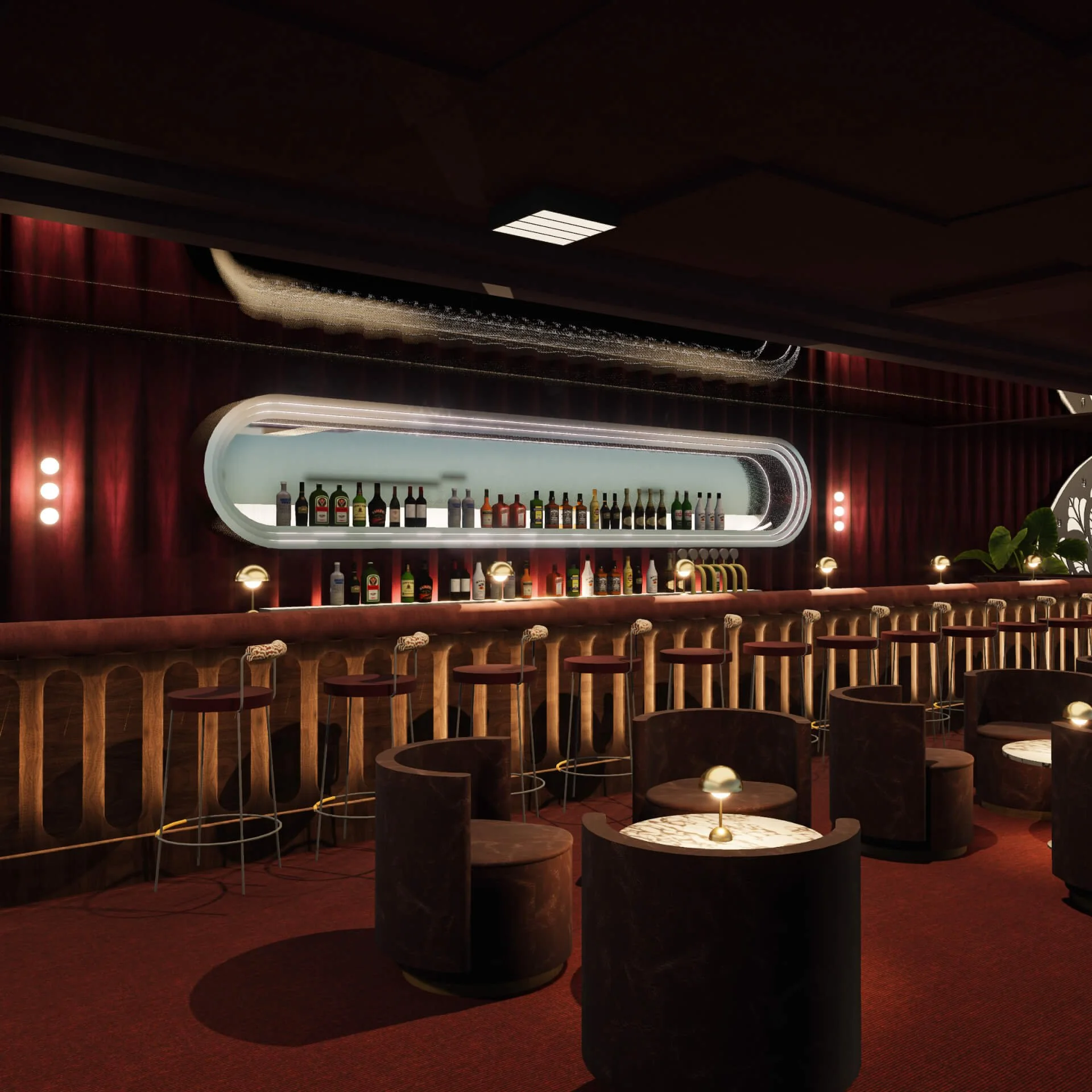 Dimly lit indoor bar with a curved bar counter displaying various liquor bottles on shelves, surrounded by barstools and small round tables with lamps, and dark red curtains in the background.