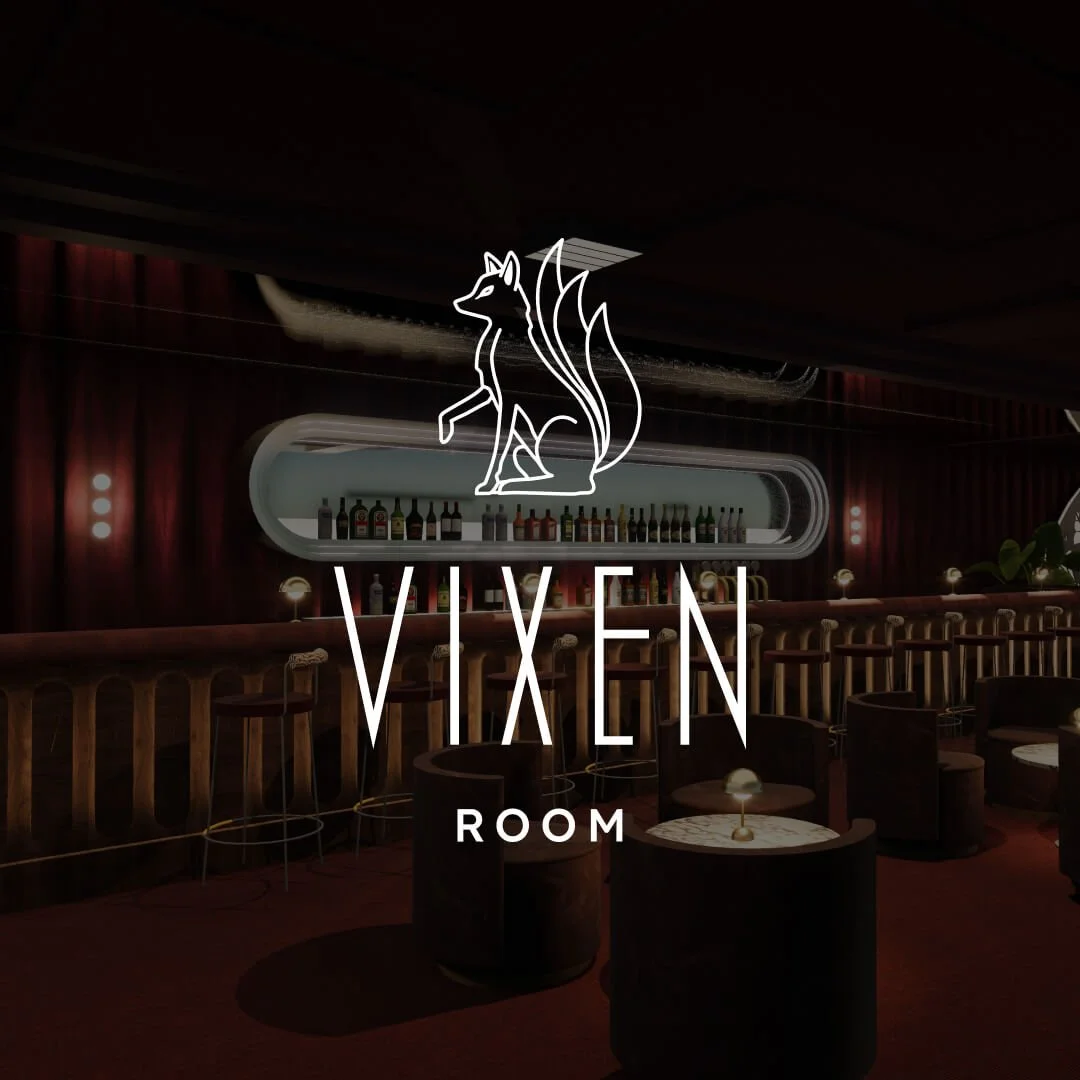 A sophisticated bar with a neon fox logo and the name 'Vixen Room' on the glass window, featuring a dark ambiance, wooden bar counter, bar stools, and small tables with lamps.