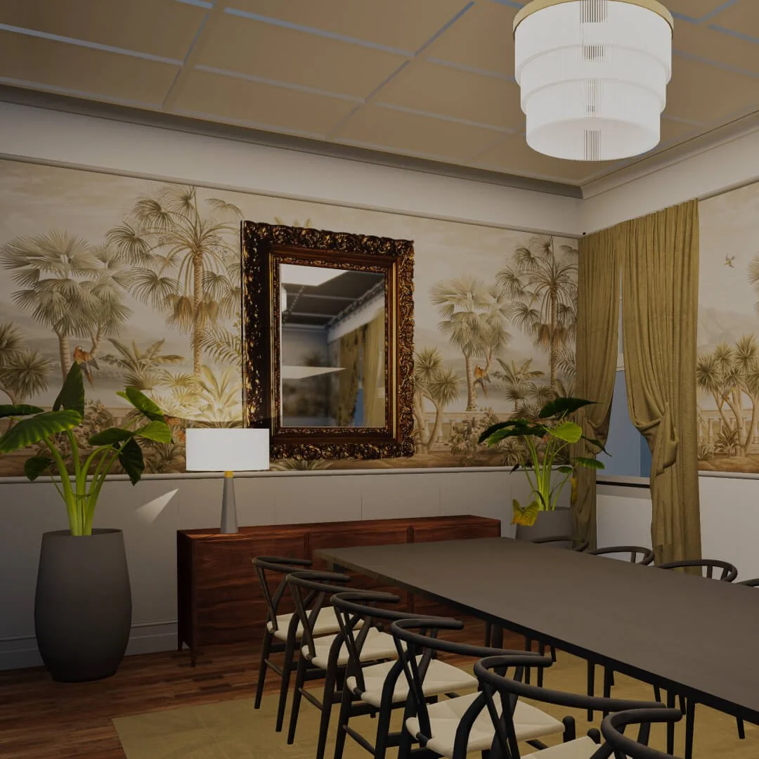 A conference room with a long table, black chairs, potted plants, a wooden sideboard, a decorative mirror, patterned wallpaper featuring palm trees, and curtains covering a window.