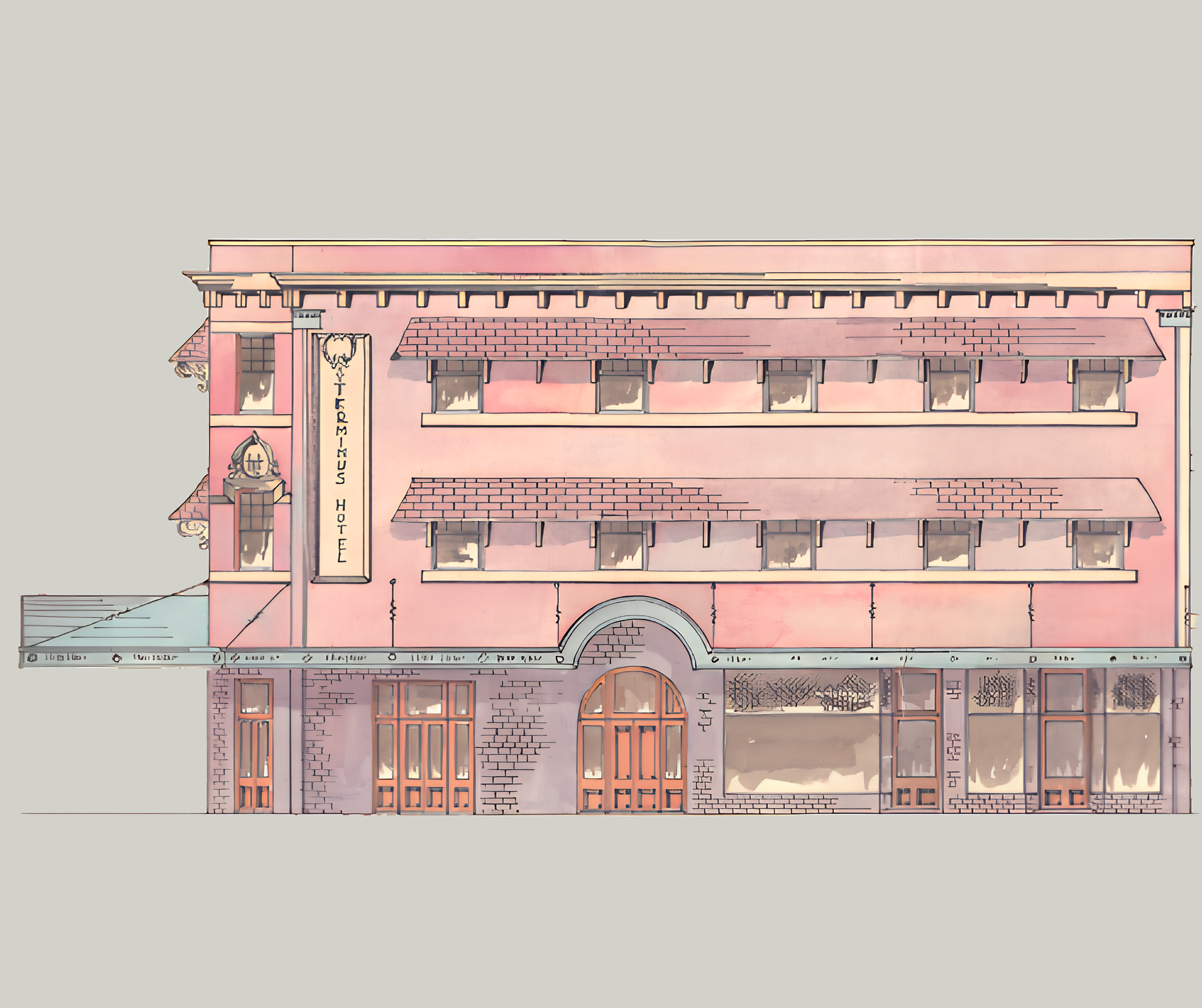 A drawing of a four-story hotel with pink walls, multiple windows, and decorative architectural details, including a sign with the word 'HOTEL' on the front.