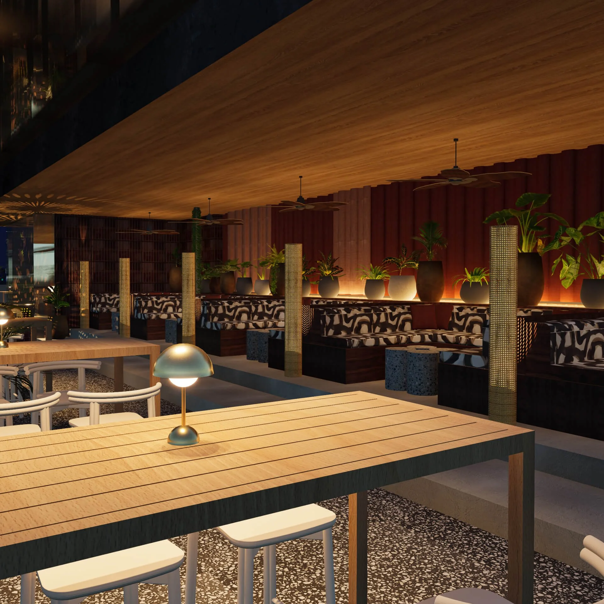 A modern interior space featuring a wooden ceiling with ceiling fans, assorted potted plants, patterned seating, geometric barstools, and ambient lighting.