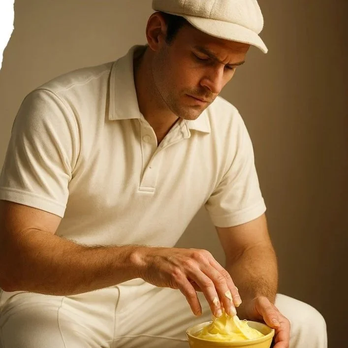 A man dressed in white, wearing a cap, is sitting and eating ice cream from a yellow bowl.