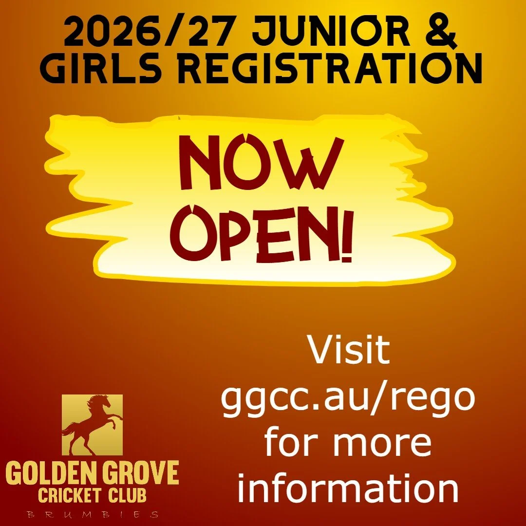 Announcement for 2026/27 junior and girls registration now open, with a website for more information, for Golden Grove Cricket Club.