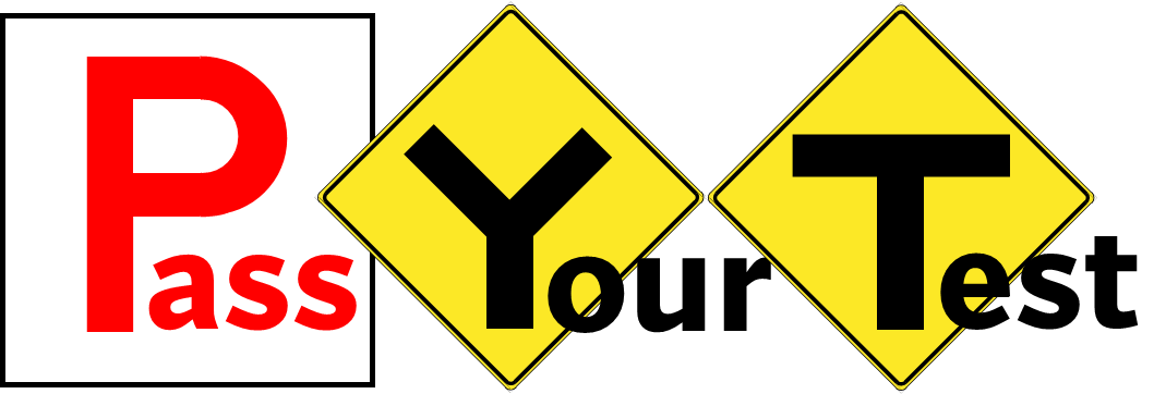 A road sign with the phrase "Pass Your Test" using a combination of text and yellow diamond-shaped road signs.