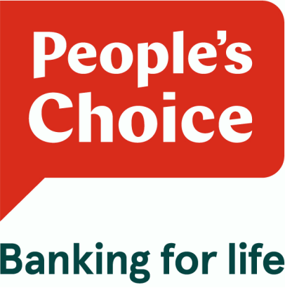 The logo of People's Choice Bank with the tagline 'Banking for life' in green below a red speech bubble.