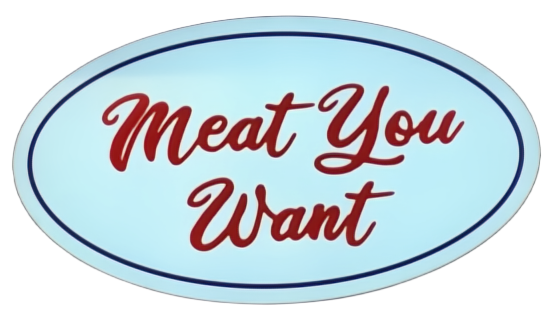 Oval logo with a light blue background and dark blue border, containing red cursive text that reads "Meat You Want."