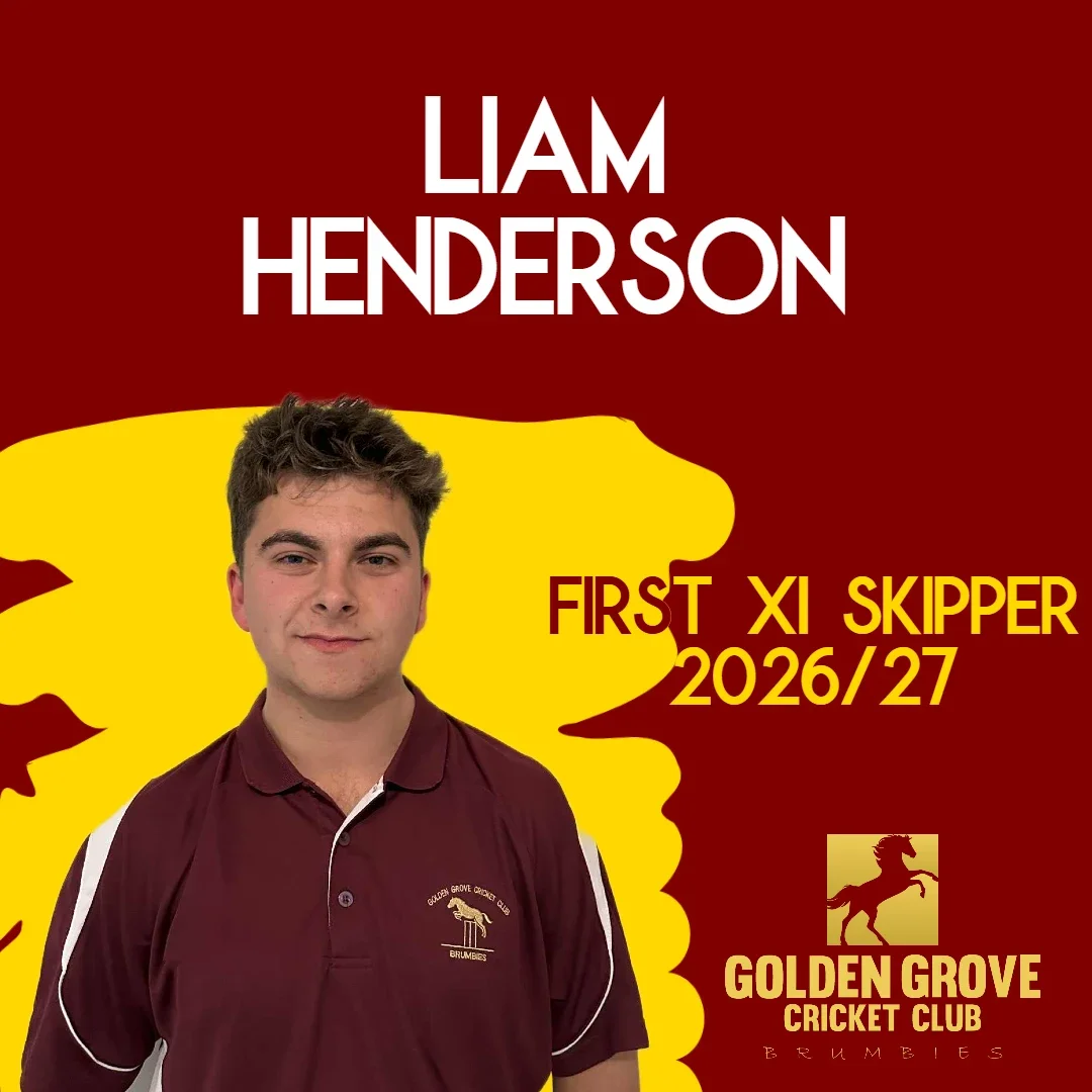 A young man in a maroon golf shirt standing in front of a graphic background illustrating a cricket theme. The background includes a yellow silhouette of a cricket player, the name Liam Henderson in large white letters, and text indicating he is the first XI skipper for Golden Grove Cricket Club for 2026/27. The club's logo with a rearing horse and the words "Golden Grove Cricket Club" and "Brumbies" are also visible.