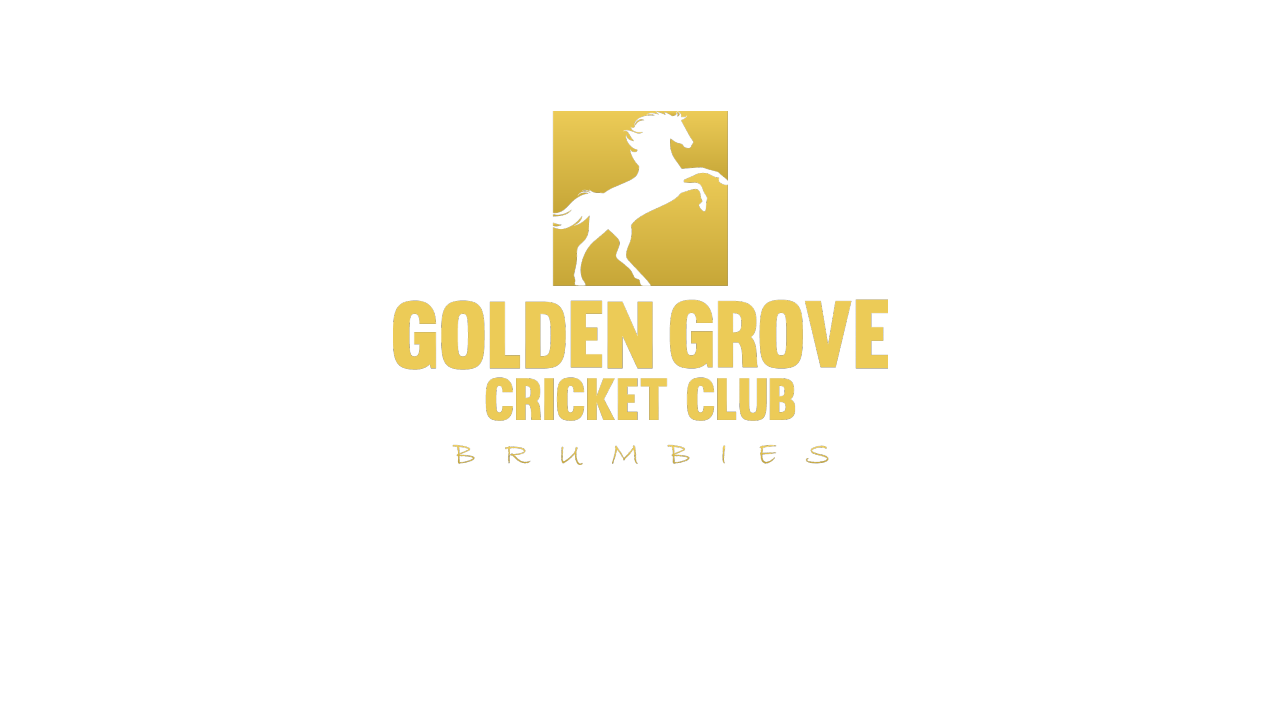 Logo for Golden Grove Cricket Club in Brumbies with a black background, gold and white text, and a silhouette of a rearing horse.
