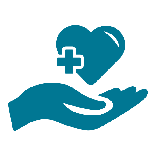 Graphic of hand holding a heart with healthcare cross symbol