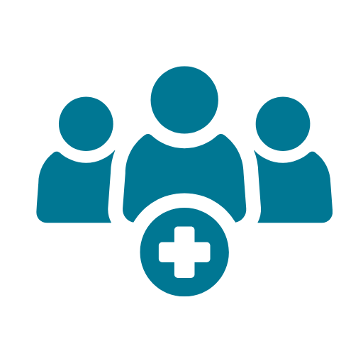 Graphic of three figures standing together with healthcare cross symbol
