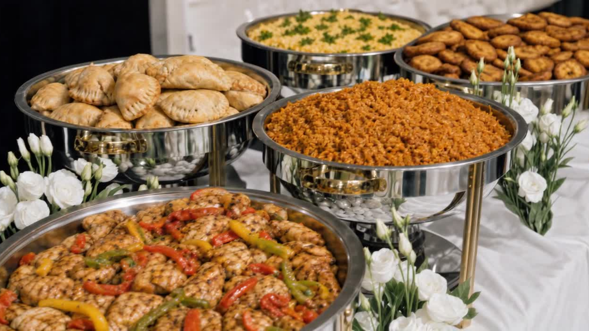 Nigerian food, Jollof rice, plantains, meat pie, chicken alfredo, baked chicken