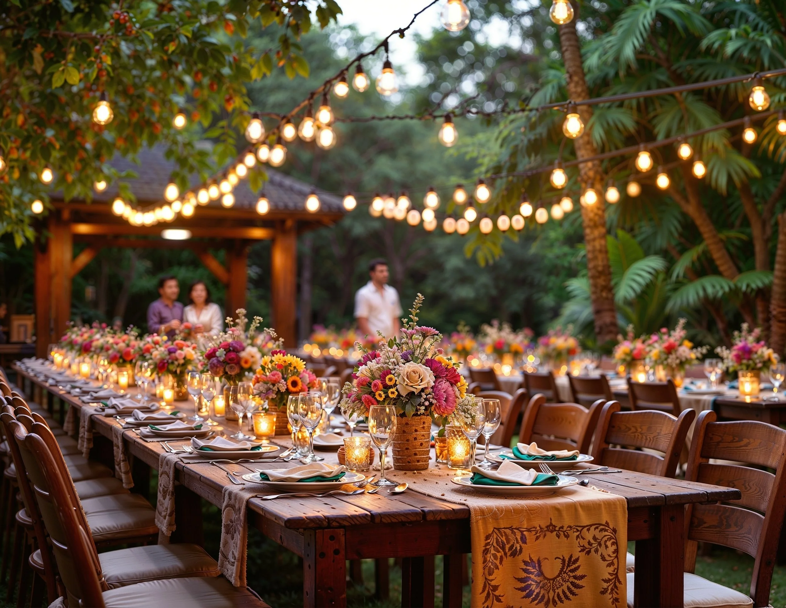 Photo of a beautifully-set table outdoors with twinkle lights, candles and flowers,