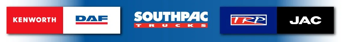 Logos of Kenworth, DAF, Southpac Trucks, TRP, and JAC on a banner.