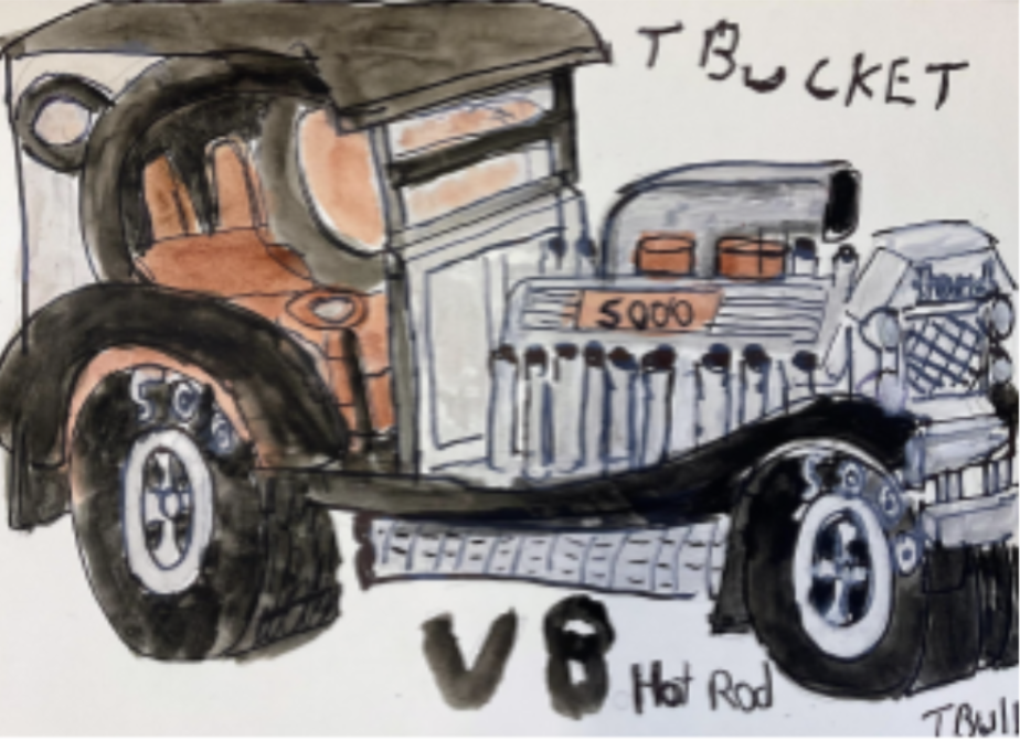 ‘V8 Hot Rod’
Acrylic and pen on paper
42cm x 29.7cm