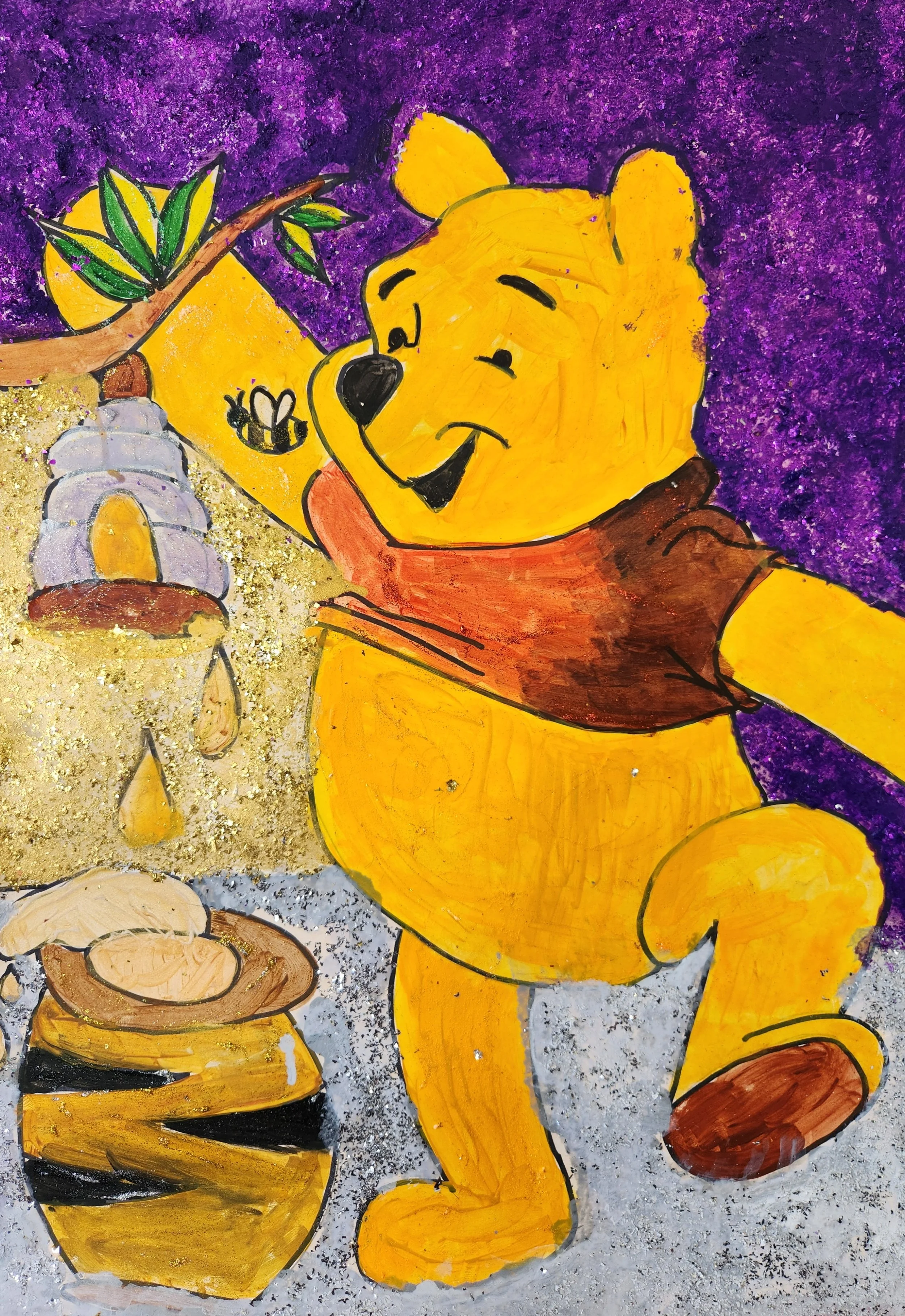 A colorful drawing of Winnie the Pooh holding a jar of honey with a background of purple and gold glitter.