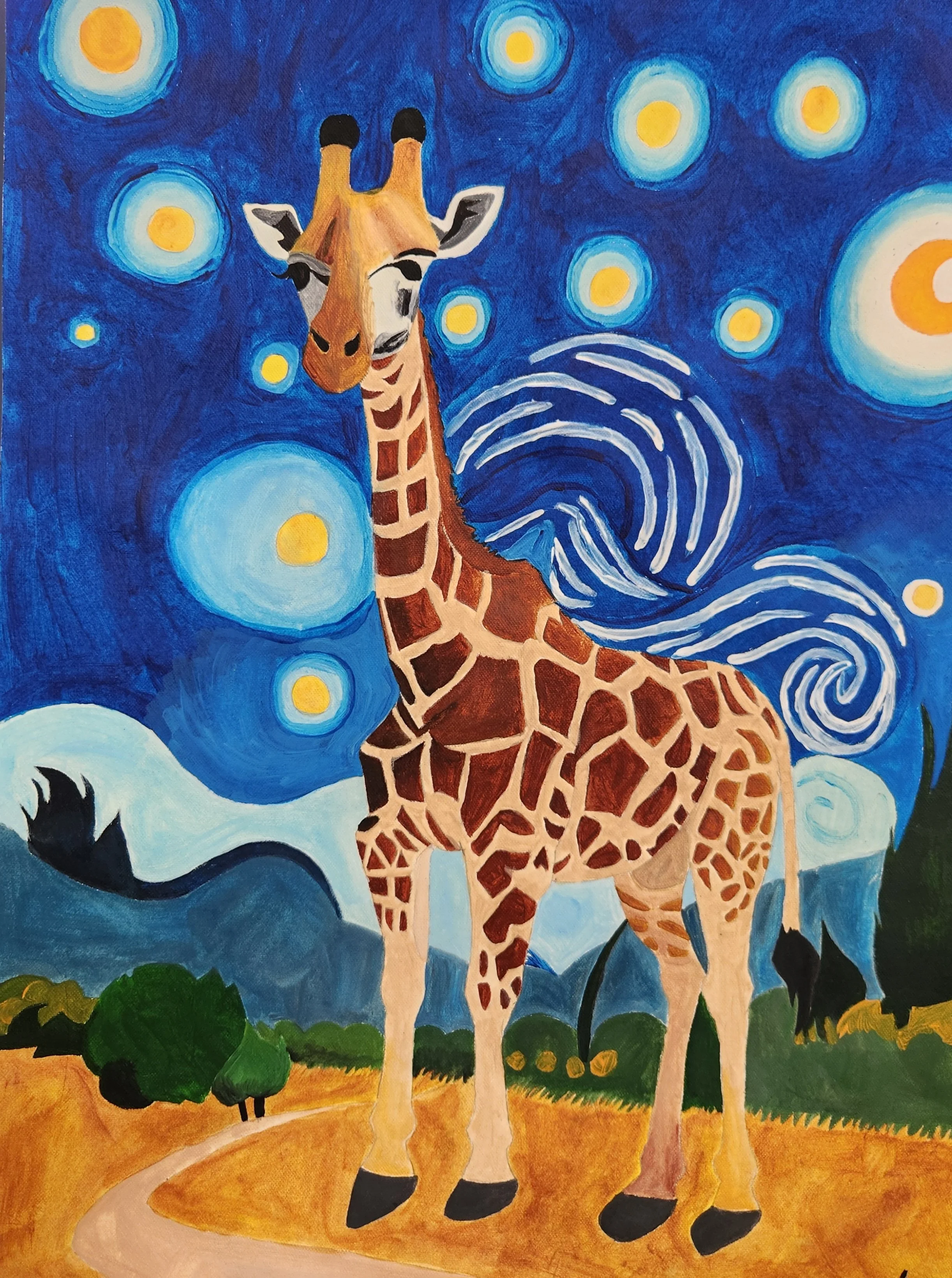 A painting of a giraffe standing on a path, with a night sky filled with glowing orbs that resemble stars or suns, and swirling patterns in the background.