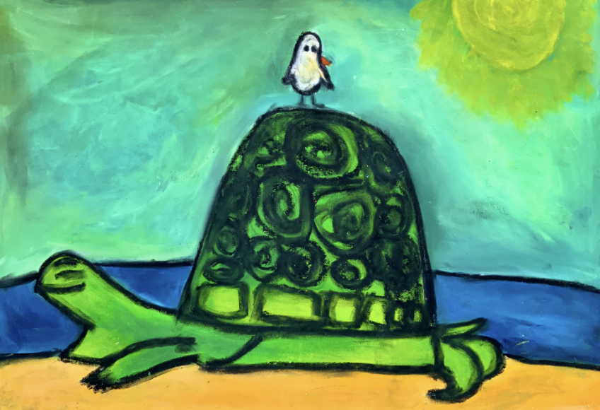 painting of a green turtle on a beach with a blue ocean and yellow sky, with a small black and white bird standing on turtle's shell