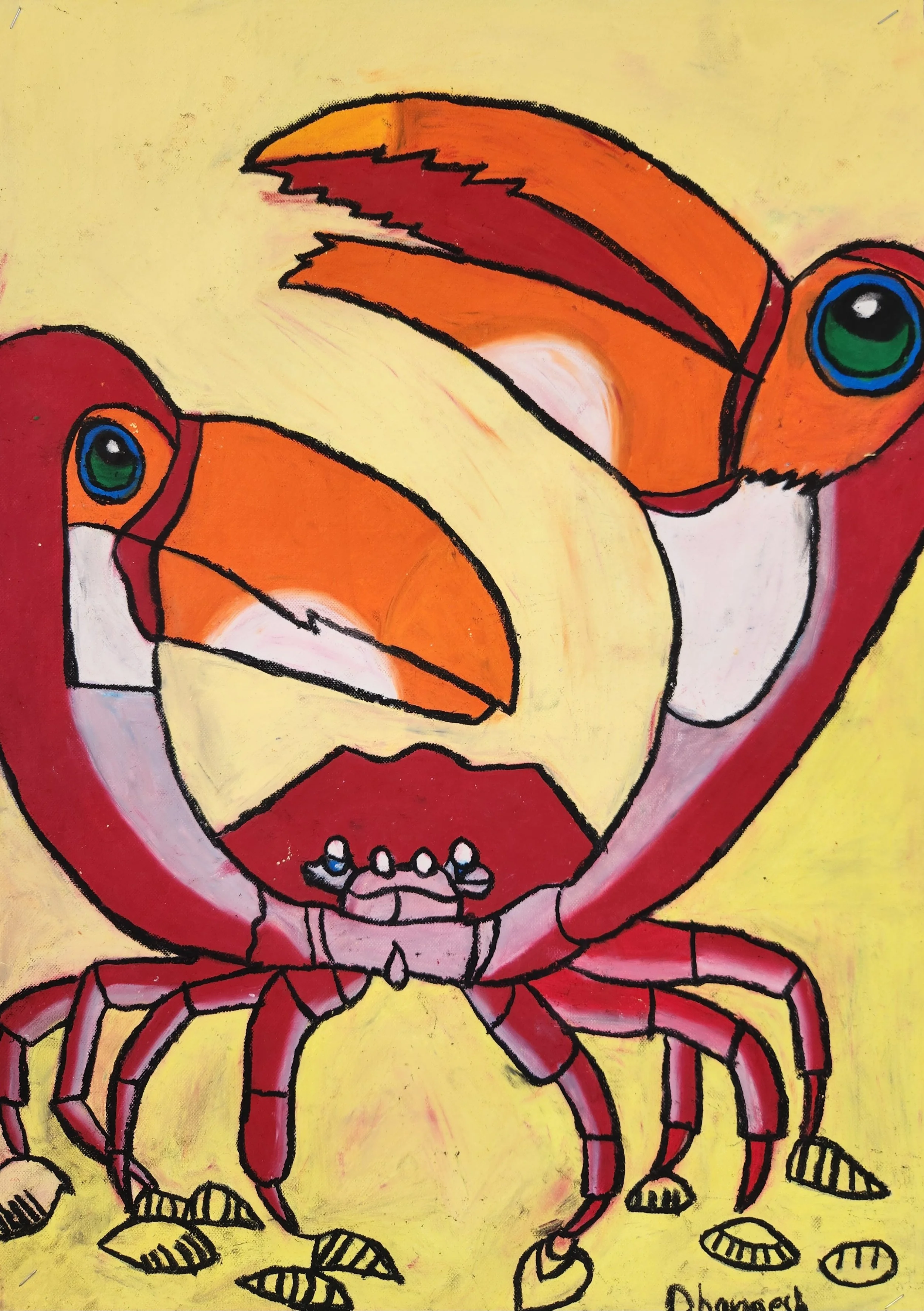 A colorful drawing of a crab with large eyes, holding a banana in its claws, with coins scattered on the ground and a yellow background.