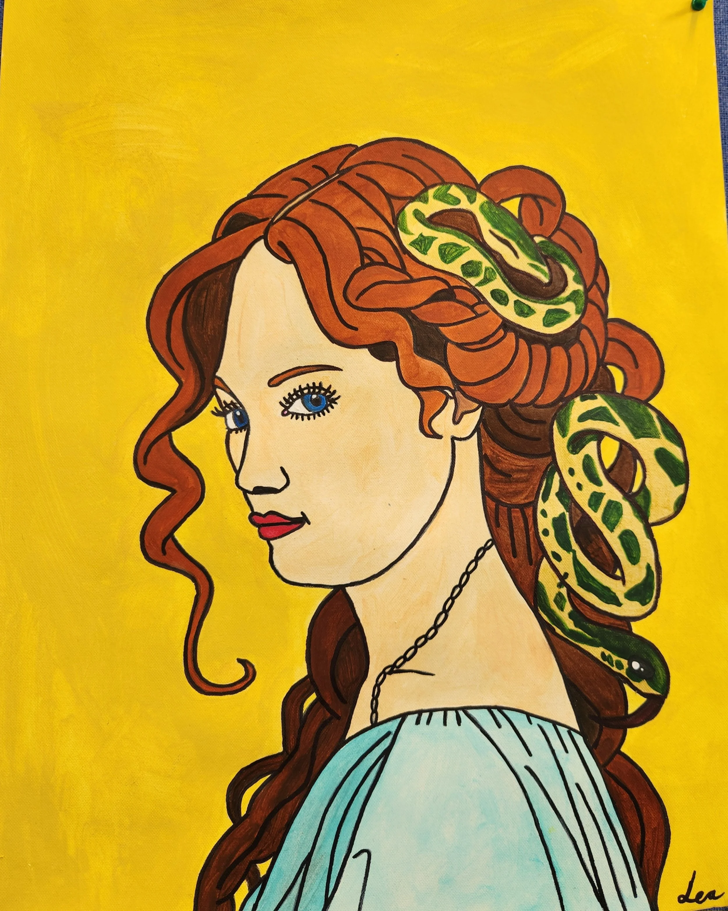 A stylized illustration of a woman with long red hair, blue eyes, and tears, wearing a light blue dress, with a green snake around her head against a yellow background.