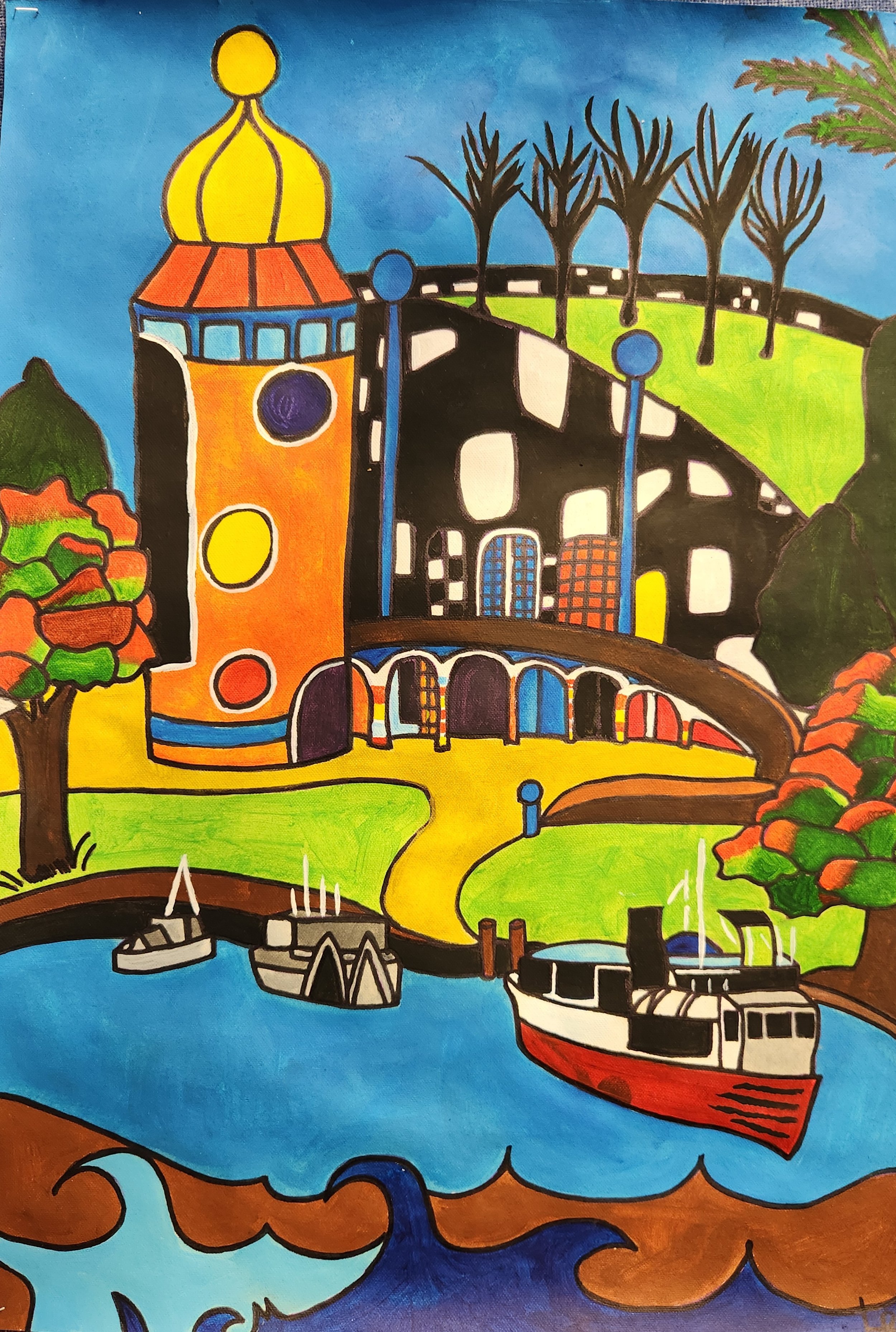 Colorful drawing of a coastal scene with boats in the water, a bridge, a yellow tower, a winding road, trees, and buildings against a blue sky.