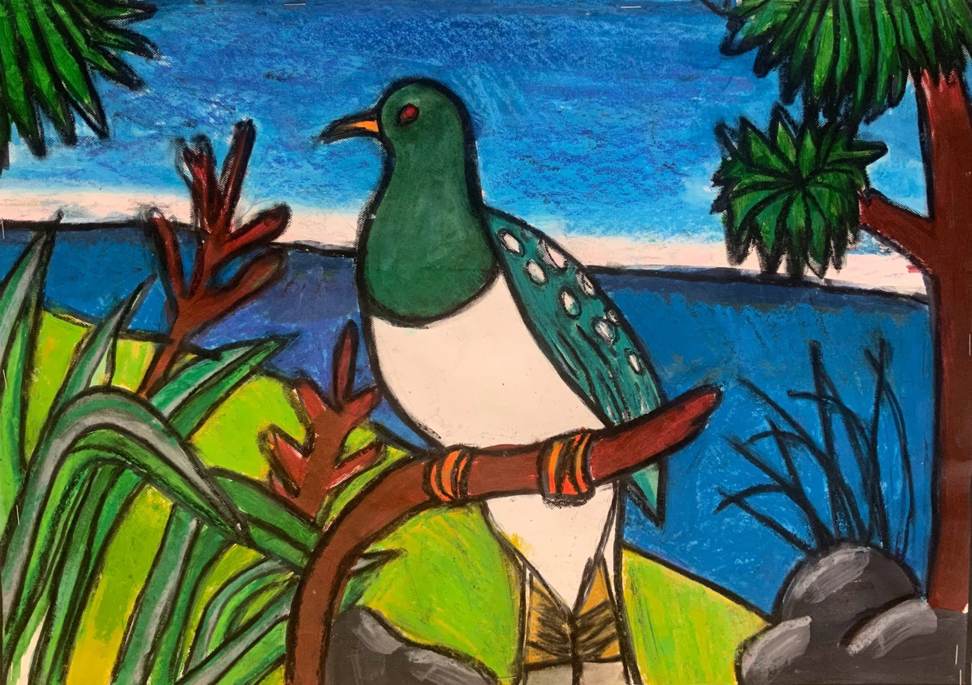Colourful drawing of a Kereru bird perched on a branch among green plants and trees, with a blue sky and clouds in the background.