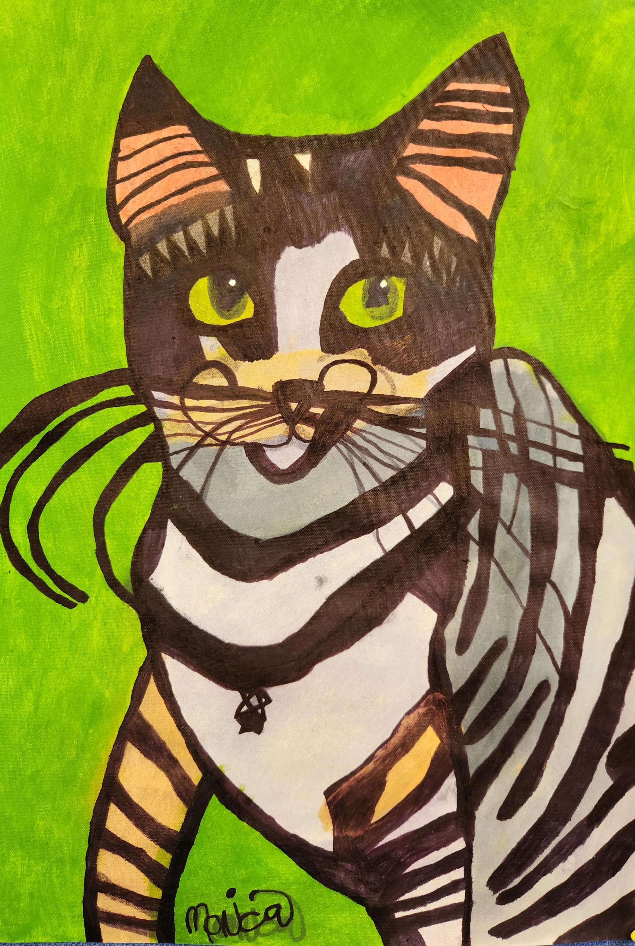 Drawing of a striped cat with green eyes against a bright green background, signed by Maja.