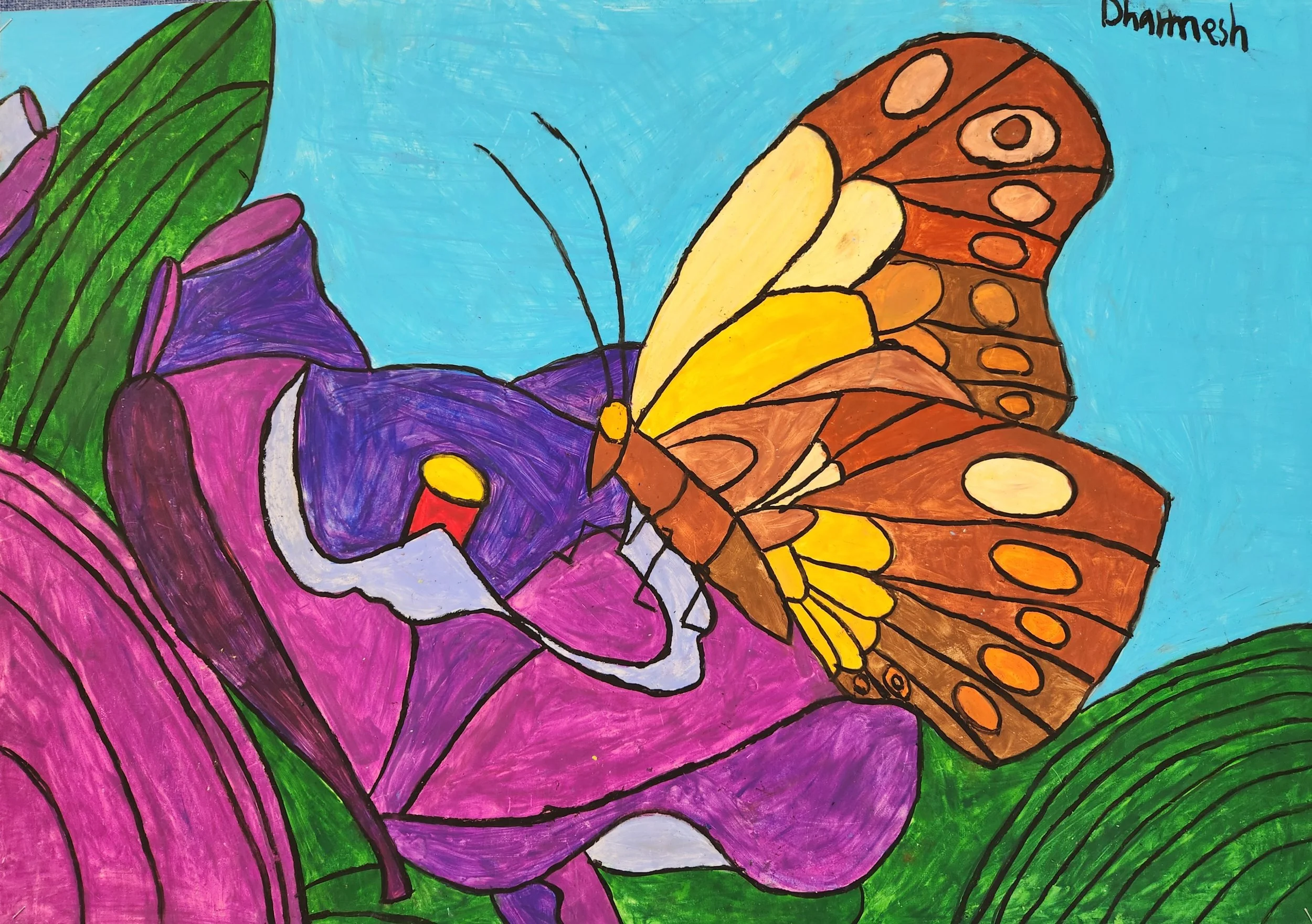 Colorful drawing of a butterfly with orange and yellow wings and purple and green background.