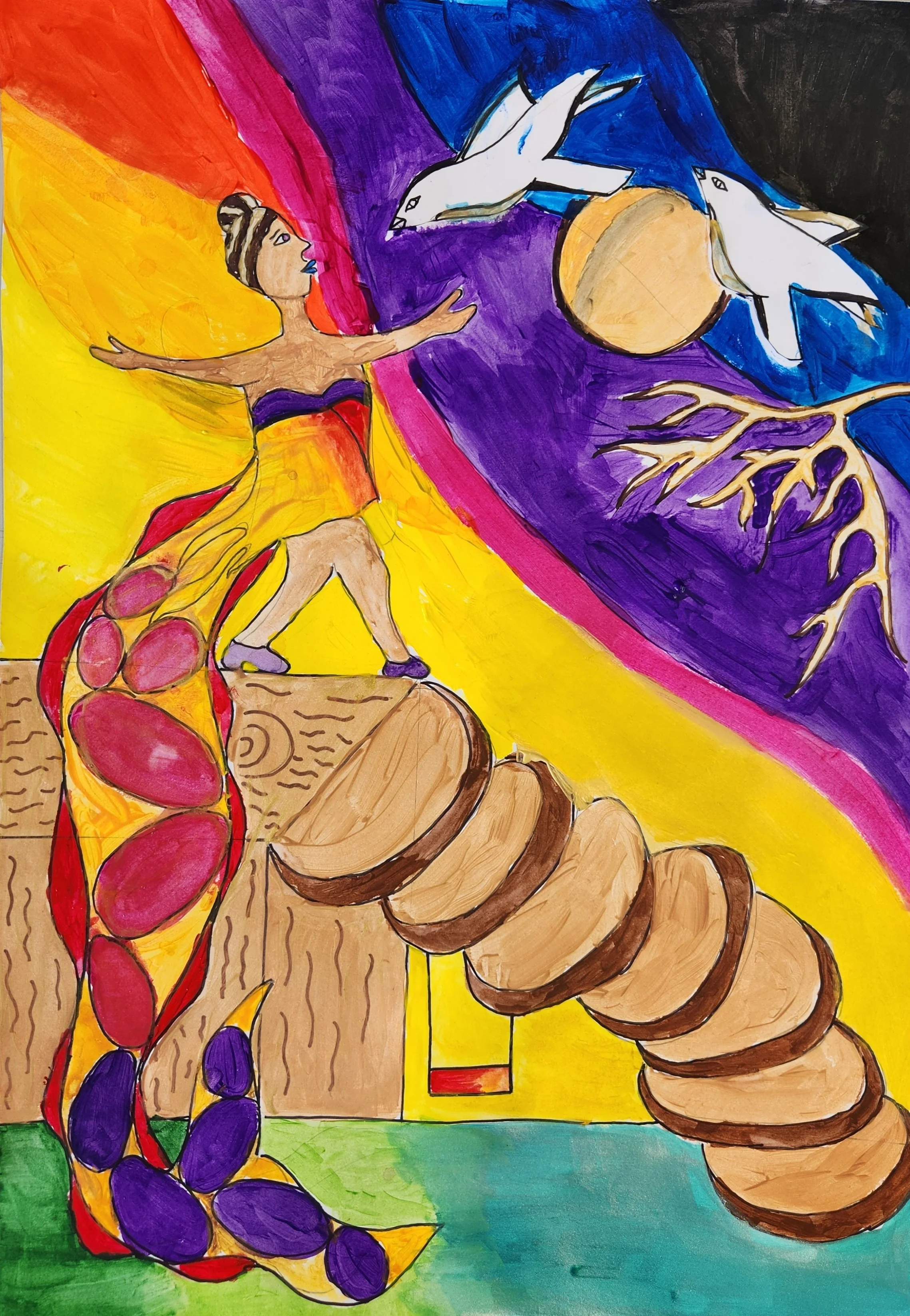 A colorful drawing depicts a woman with butterfly wings, standing on a log with sliced sections. She has an elaborate hairstyle and is reaching toward floating seagulls near a large orange sphere. The background is divided into vibrant sections of yellow, purple, blue, black, green, and teal with a stylized tree branch in the bottom right.