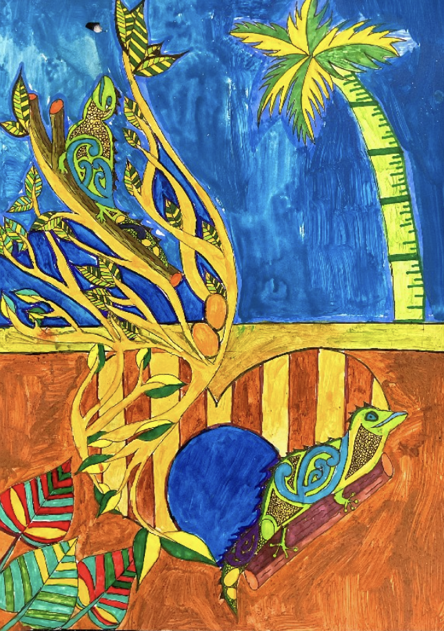 ‘Tuatara in the Sun’
Acrylic paint and pen on paper
59.4cm x 42cm
