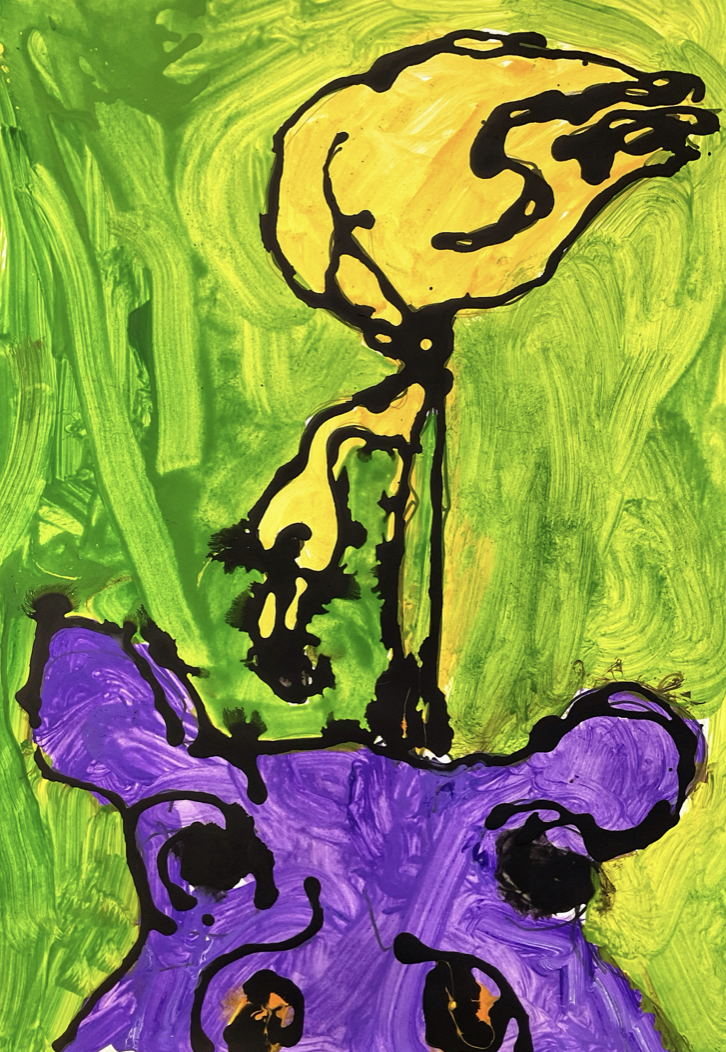 ‘Flamingo on Hippo’
Acrylic paint on paper
59.4cm x 42cm