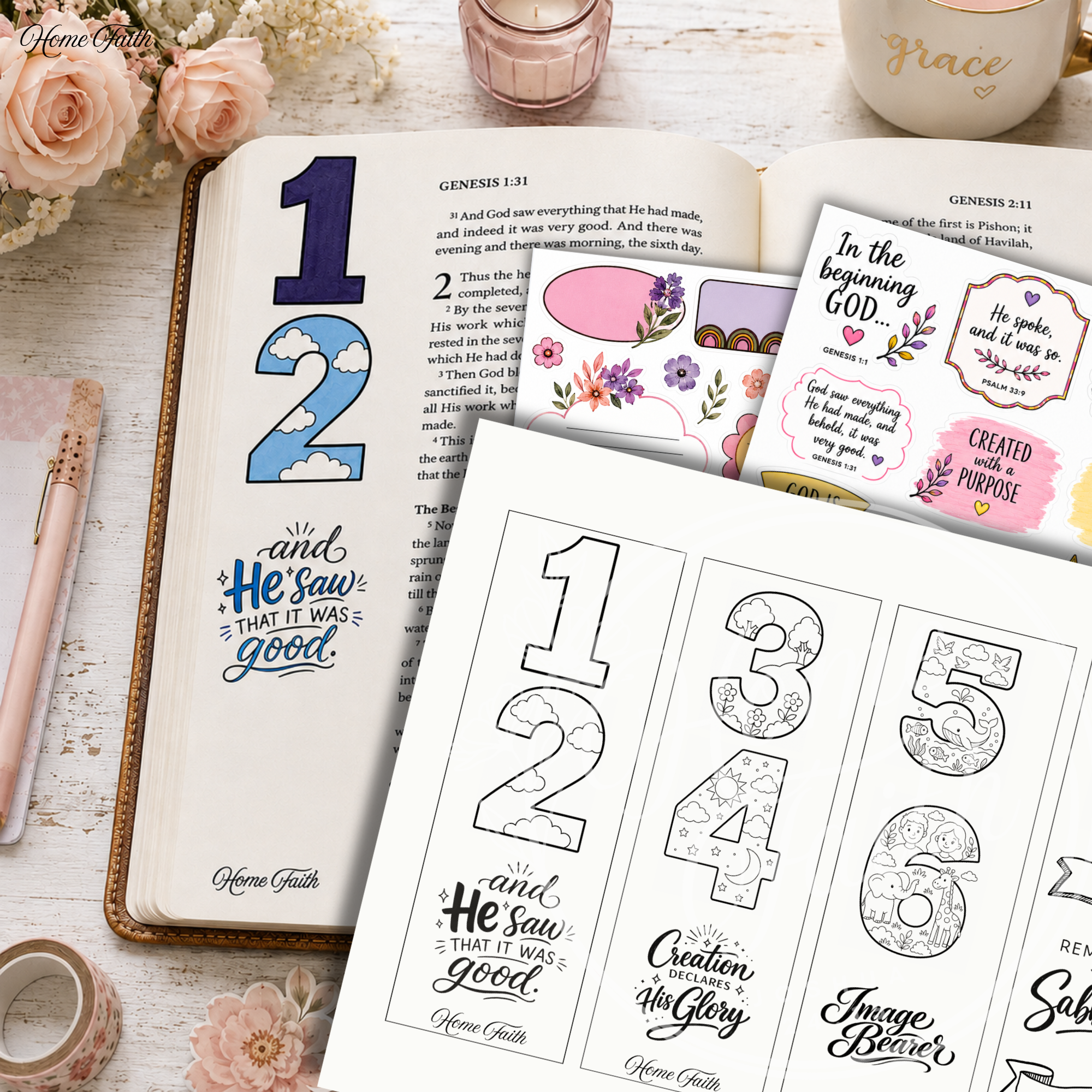 Digital Download 7 Days of Creation Bible Journaling Traceables Printable PDF | Genesis Bible Study Coloring Pages | Christian Journaling Supplies