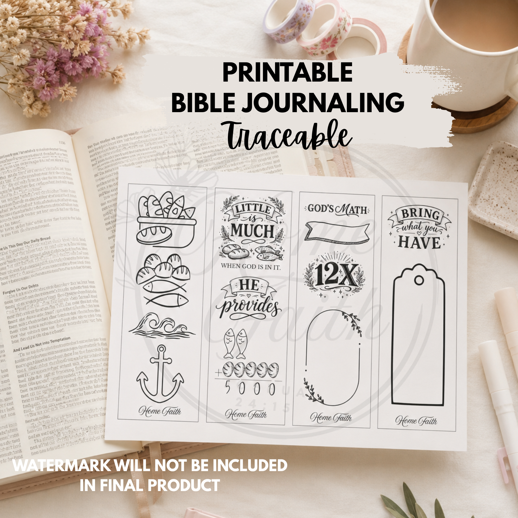 Digital Download Jesus Feeds 5000 Traceable Set - Bible Journaling for Beginners - Printable Bible Study Verse Mapping Kit - Loaves and Fishes Scripture tracing
