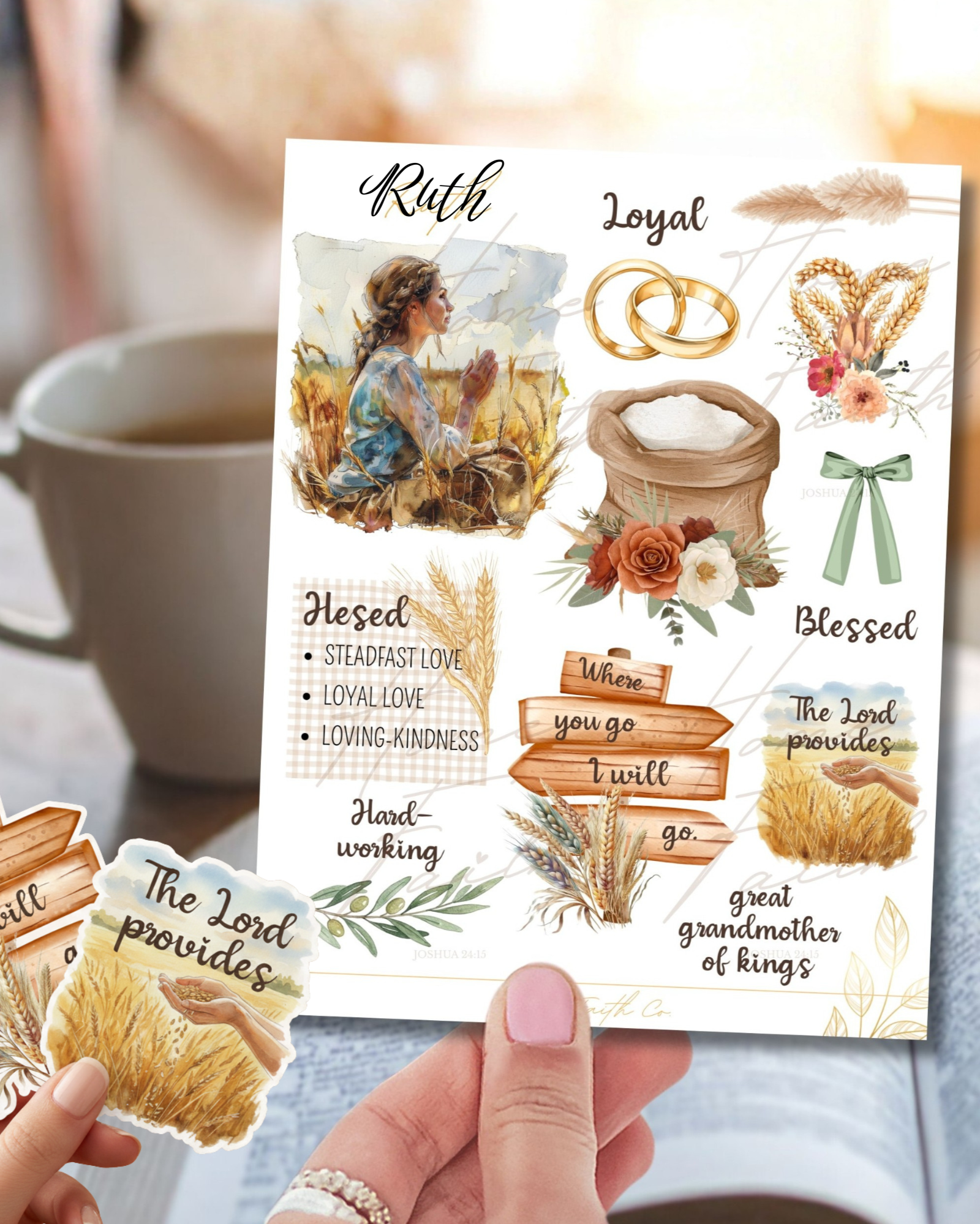 Ruth Bible Journaling Sticker Sheet - Women of the Bible Scrapbooking Scripture Study - Christian Planner Watercolor Faith Stickers -