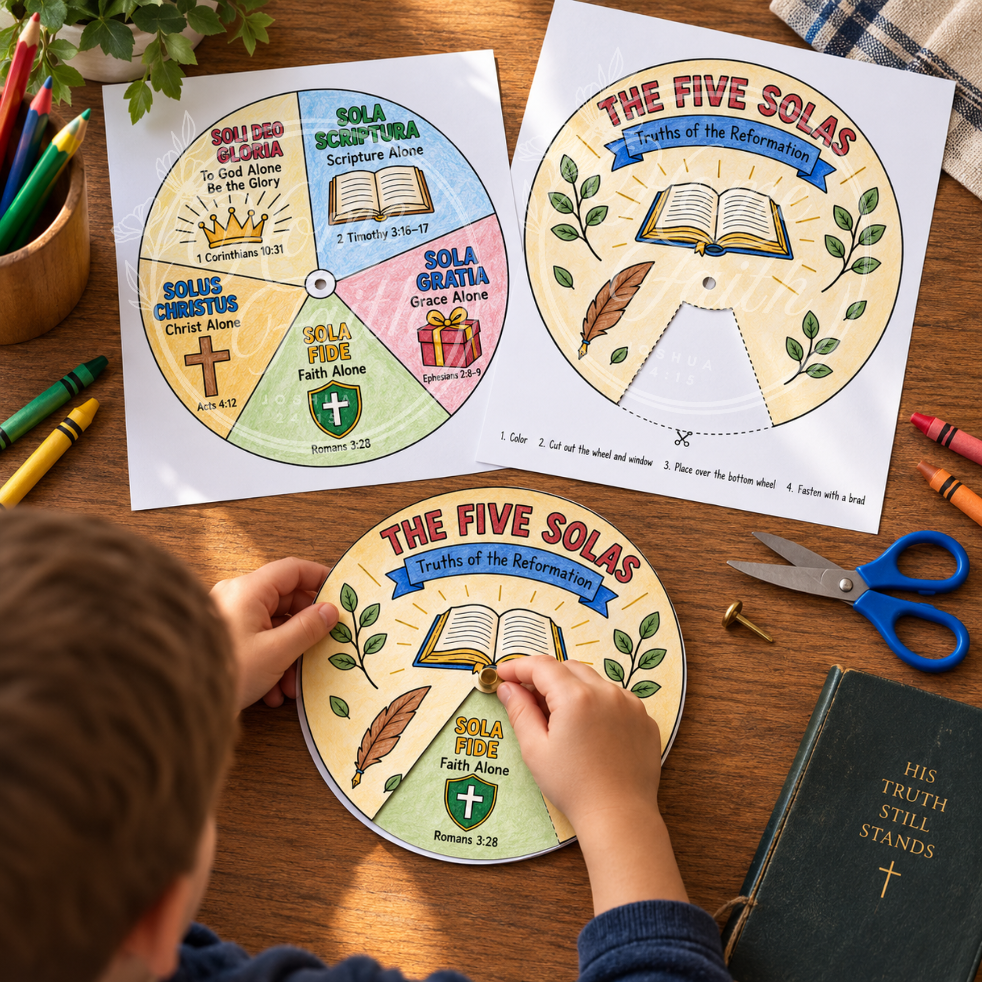 Five Solas Coloring Wheel for Kids - Reformation Craft Homeschool and Church History Activity - Protestant Reformation Bible Craft for Classroom
