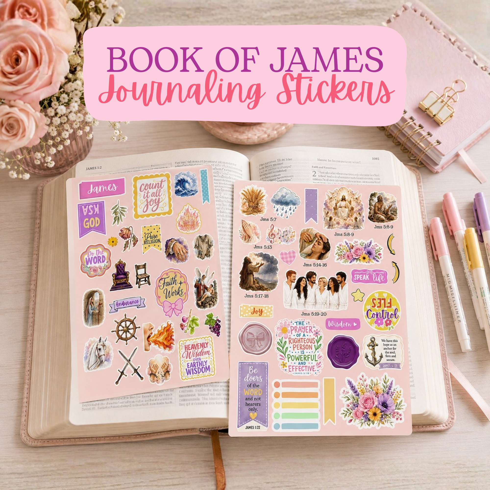 Book of James Bible Journaling Stickers Kit | Christian Bible Study Supplies | Faith Journaling Stickers for Women | James Study Bundle