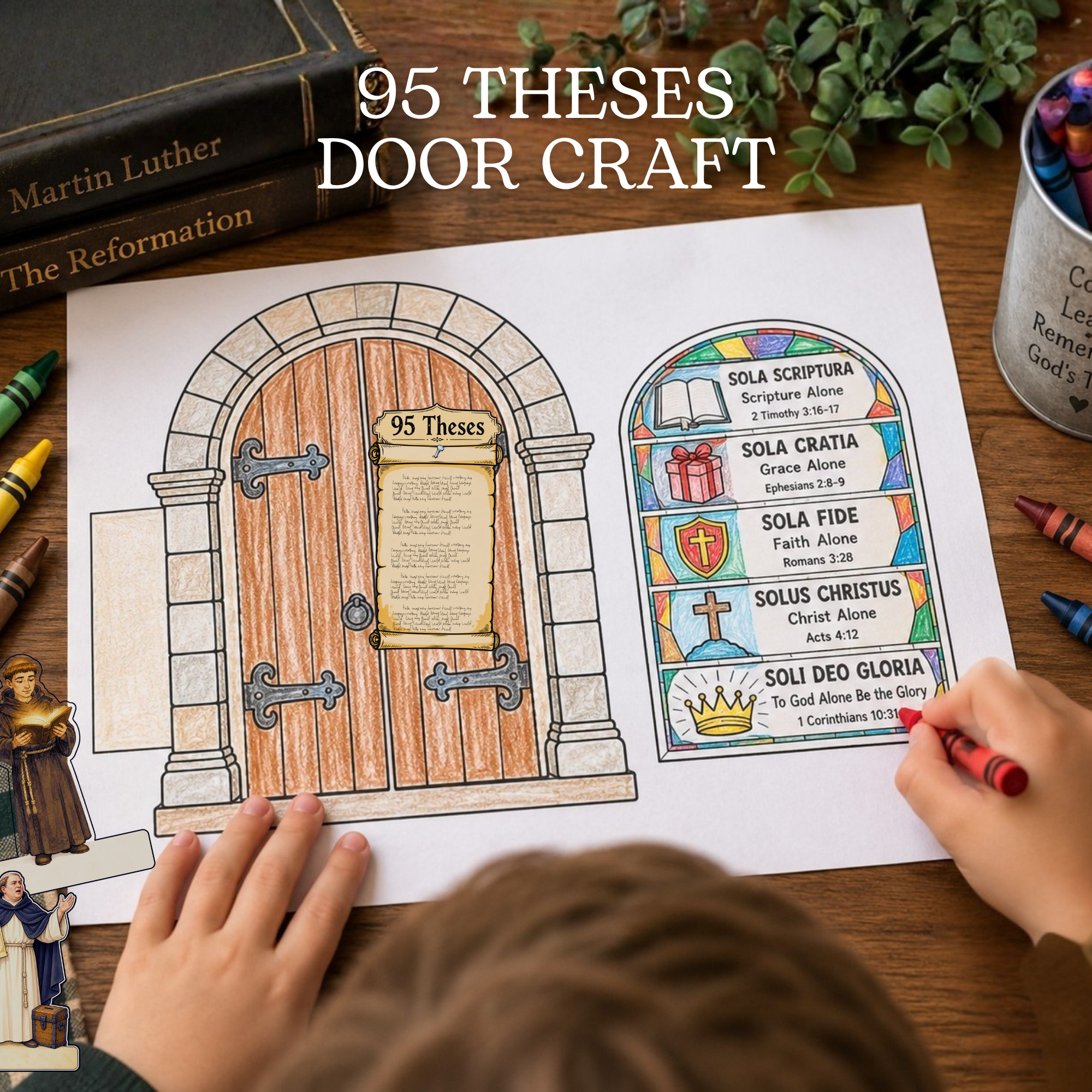 Home School and Classroom Craft - Reformation Day for Kids - 95 Theses Church Door Activity - Five Solas Printable - Martin Luther Finger Puppets