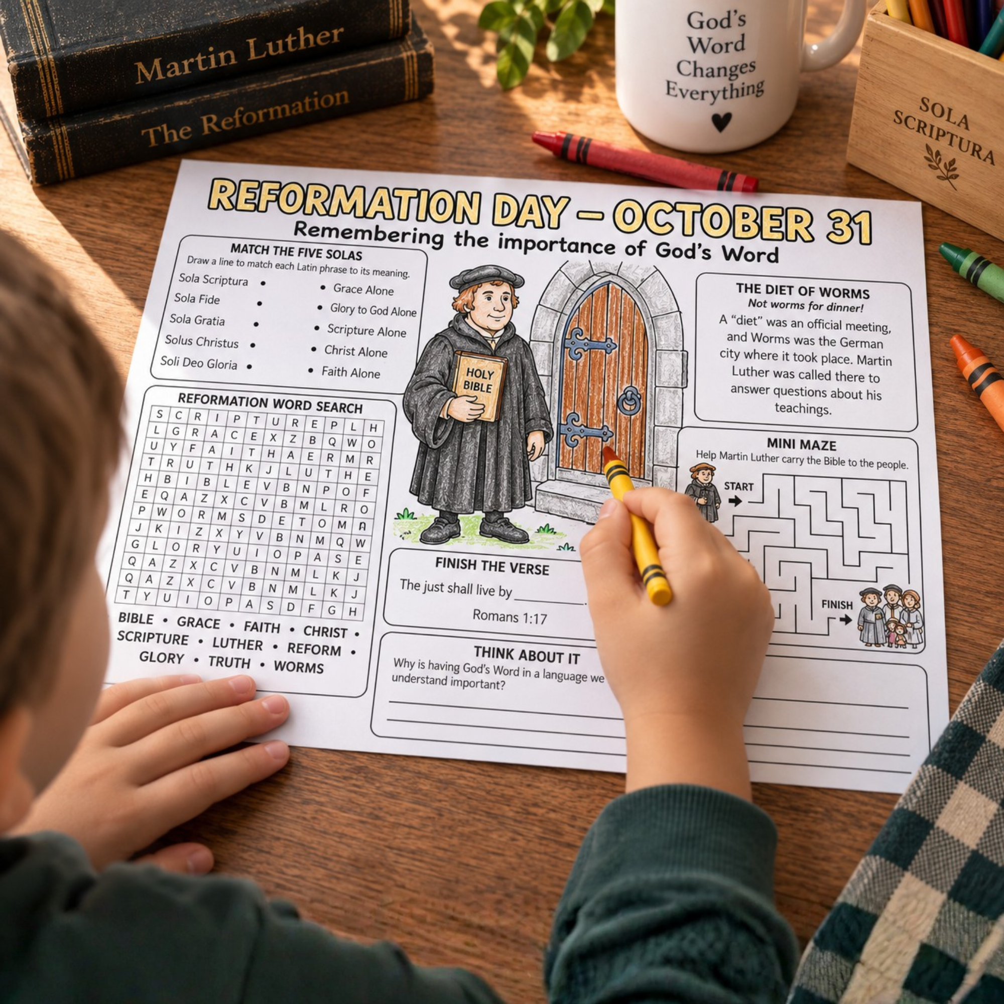 Reformation Bible Activity Placemat for Kids - Protestant Reformation Printable - Five Solas Activity - Church Classroom and Homeschool Craft