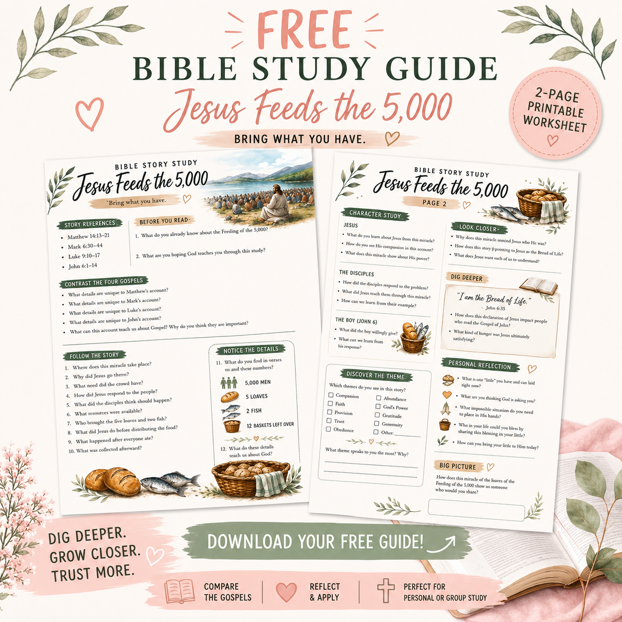 Free Jesus Feeds 5000 Printable Study Guide - Bible Journaling Freebies - Free Bible Study Worksheet - PDF Download