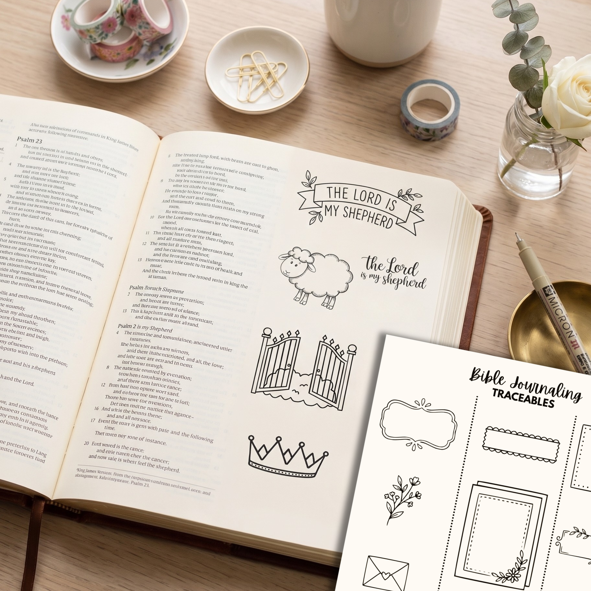 Digital Download Psalm 23 Bible Journaling Traceable Sheets for Beginners - Printable Bible Study Scrapbooking Kit for Scripture - The Lord is my Shepherd Verse Mapping Tool