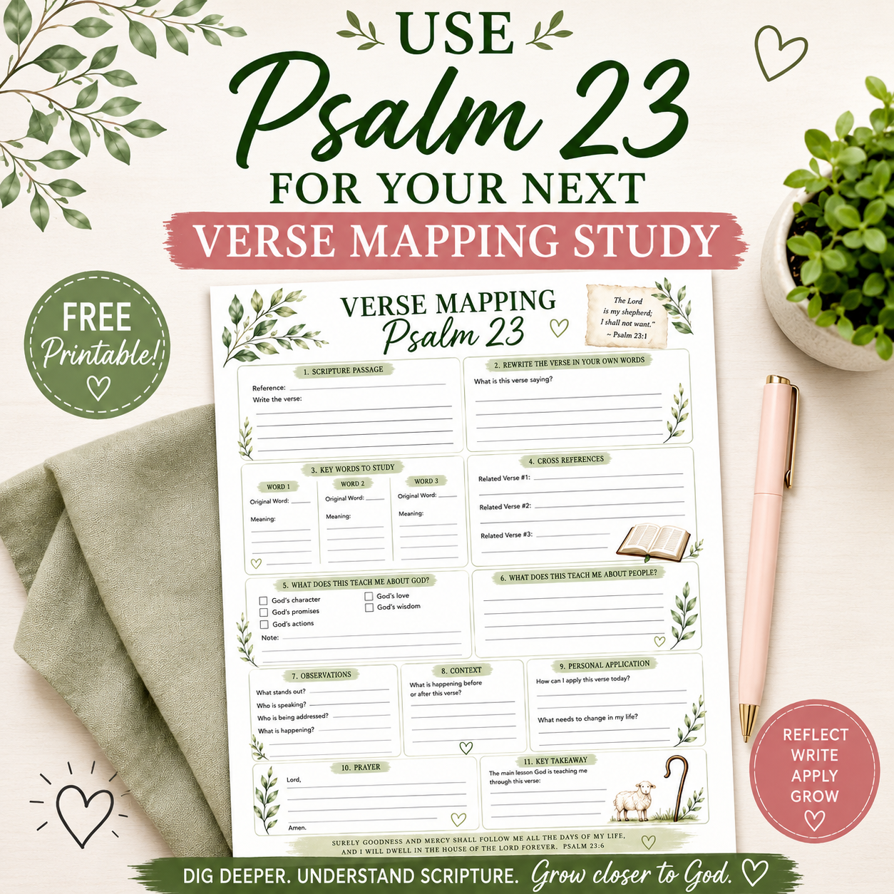 FREE Psalm 23 Verse Mapping Printable | Bible Study Worksheet, Scripture Mapping Guide & Devotional PDF