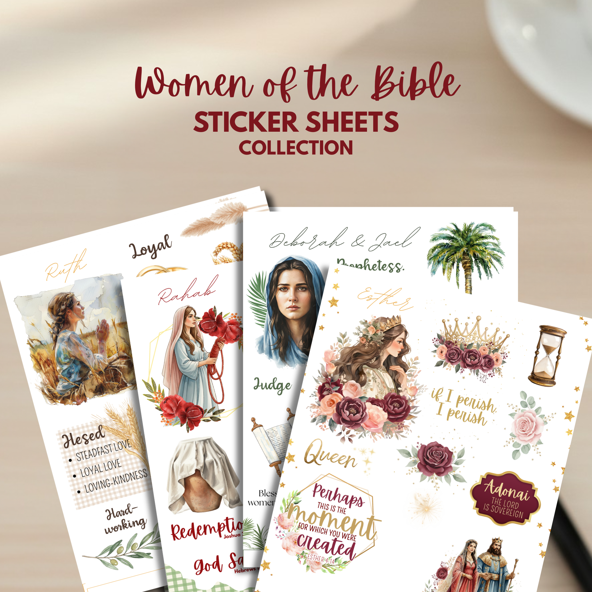 Women of the Bible Sticker Sheets - Bible Study Stickers - Esther Deborah Rahab Ruth Scrapbooking kit for Women