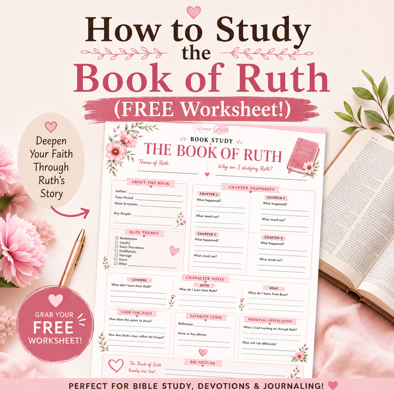 FREE Book of Ruth Bible Study Printable | Bible Journaling Worksheet, Devotional & Scripture Study Guide