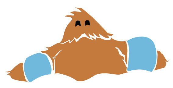 Cartoon depiction of a brown, furry creature with black eyes and a smiling mouth, wearing blue socks on its four paws.