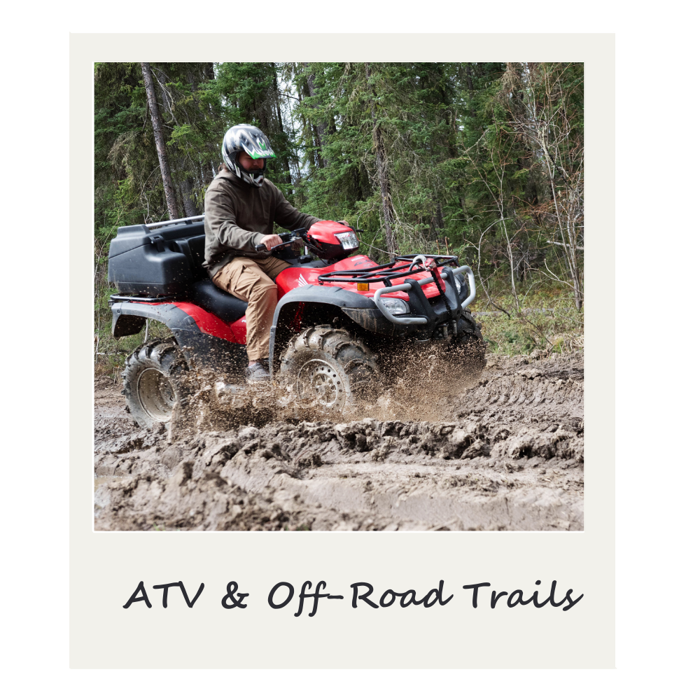 Person riding a red ATV on muddy off-road trail in forest, wearing helmet and jacket.