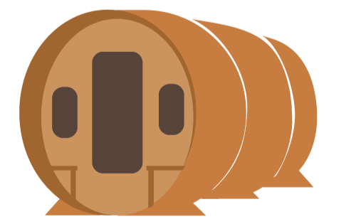 A cartoon illustration of a log cabin with a circular front door.