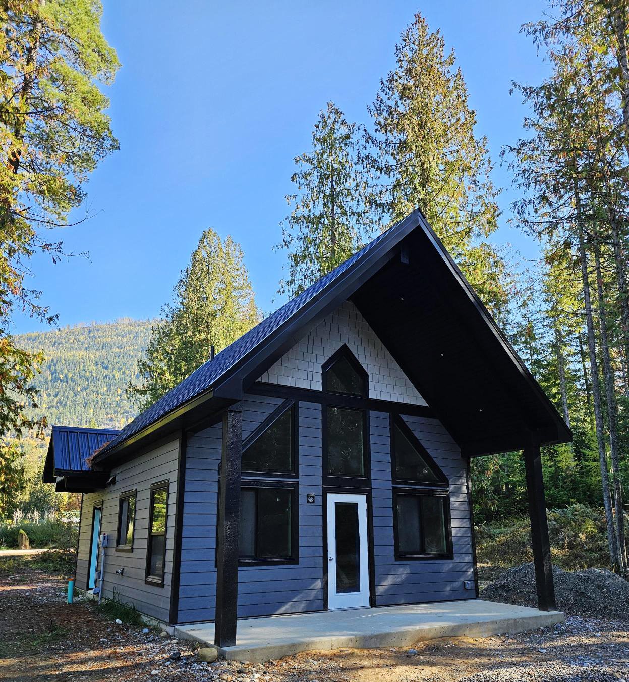 A modern A-frame cabin with dark siding and large black-framed windows, situated in a forested area with tall trees and mountain in the background.